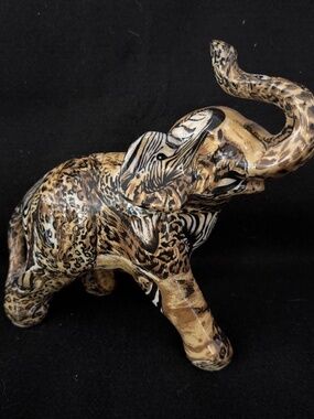 La Vie Elephant Figurine Raised Trunk Glazed Patchwork African Safari Animal